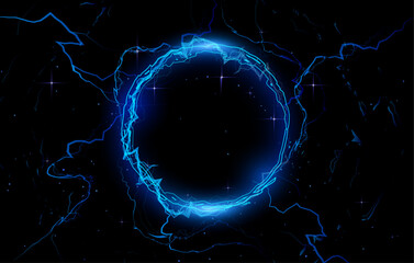 Thunderbolt blue lightning round effect with glow and shine vector on black, circle bolt voltage electric energy burst