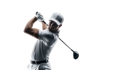 A golfer in white swinging a golf club against a black background in a studio setting with a cap on on transparent background