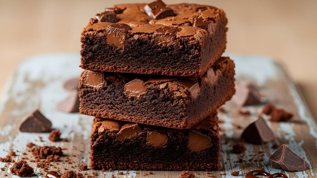 Stack of chocolate brownies squares on wooden board
