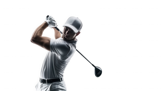 A golfer in white swinging a golf club against a black background in a studio setting with a cap on on transparent background - Powered by Adobe