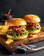 Two burgers with chips on wood board