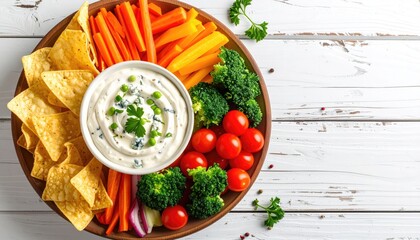 Veggie platter with dip on wood table