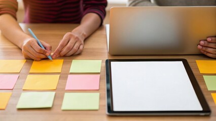 Collaborative workspace with hands writing on sticky notes, a blank tablet, and a laptop on a wooden desk, showcasing brainstorming and planning activities.