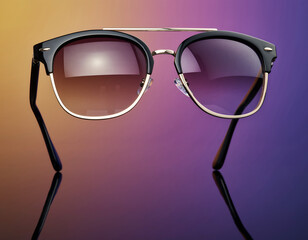 Stylish modern sunglasses with dark gradient lenses and a sleek black and gold frame, perfectly reflecting on a vibrant, colorful background, showcasing trendy eyewear fashion and contemporary style