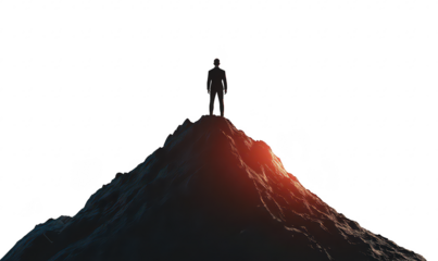 A solitary figure stands triumphantly at the peak of a rugged mountain. silhouetted against a bright horizon. symbolizing achievement and perseverance in natures vast landscape