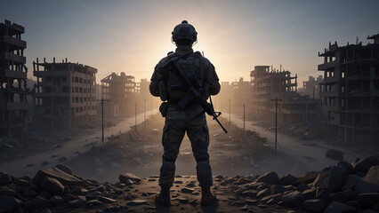 Obraz premium Soldier in military uniform standing on rubble overlooking a destroyed city at sunset. Post-war scene depicting devastation and solitude.