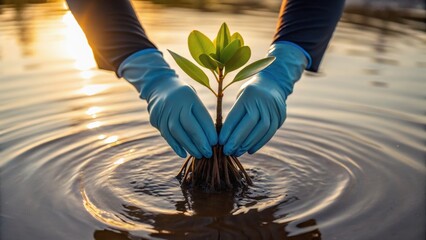 Planting a young mangrove sapling in water at sunset, symbolizing environmental conservation and restoration efforts.