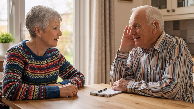 Man with hearing aid listening intently to a woman. Senior couple communicating at home. Communication barrier overcome.