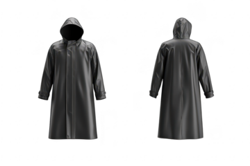 A sleek black raincoat displayed from multiple angles on a clean white background. highlighting its waterproof design. perfect for fashion retailers or outdoor apparel websites