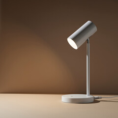 Sleek minimalist white desk lamp illuminating a warm neutral background, a modern home office lighting solution for focused work and elegant interior design