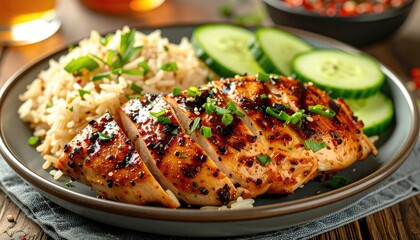 Plate of sliced chicken, rice and cucumbers