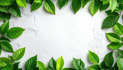 Green leaves frame white texture