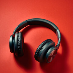 Sleek black wireless headphones resting on a striking red background, ready to deliver immersive audio experiences for music lovers and podcast enthusiasts