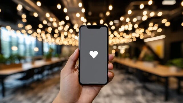 Smartphone held by a hand with a heart symbol on the screen set in a well-lit indoor space with many lights