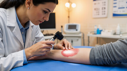 Woman doctor examines red rash on patient arm with dermatoscope device. Dermatologist checks skin condition. Medical dermatology concept.