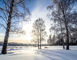 Winter sunrise through snowy trees