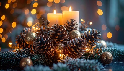 Holiday decor with candles and cones