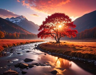 Vibrant autumn tree by river scene
