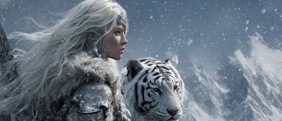 Woman with long white hair beside white tiger in snowy mountainous environment
