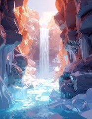 Low poly waterfall between icy cliffs