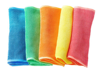 A arrangement of colorful microfiber cleaning cloths neatly folded in a row. their bright hues against a clean. white background. ideal for home cleaning and organization