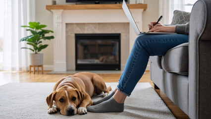 Woman working remotely on laptop from home office on comfortable sofa with dog relaxing on rug. Cozy lifestyle and flexible work schedule concept.