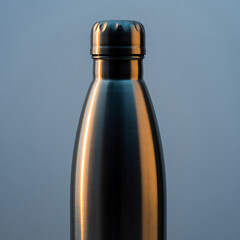 A modern metallic reusable water bottle with a screw cap, reflecting warm and cool light, symbolizing a sustainable lifestyle choice