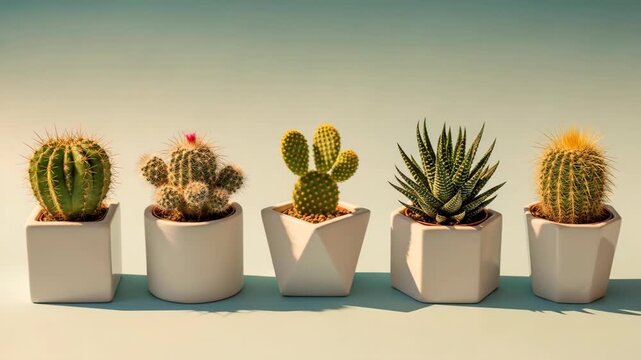 Sunlit cacti row casting shadows on colorful background in timelapse sequence