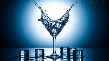 Martini glass filled with ice cubes and splashing water on a reflective surface against a blue background