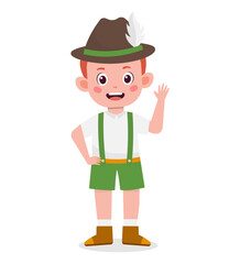 Cartoon boy wearing traditional Bavarian clothing waving with one hand.