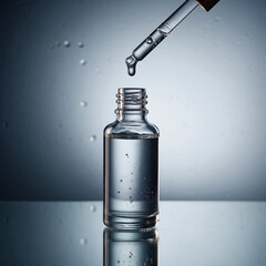 A cosmetic pipette drips a clear, hydrating serum into a glass vial, symbolizing skincare science and beauty product development on a blue background