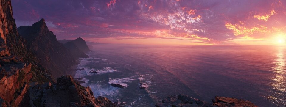 Coastal landscape with mountains and sea under a vivid sunset sky - Powered by Adobe