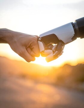 Close-up of human and mechanical fists bumping during a sunset. Symbolizes connection, cooperation, and the future