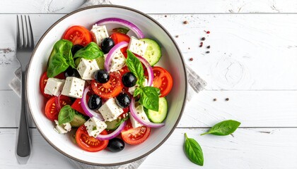 Vibrant Greek salad on white wood