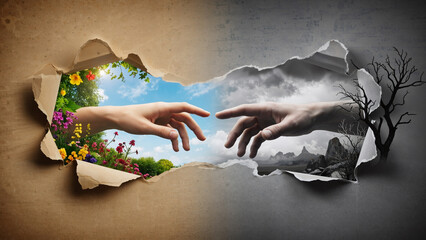 Creation of adam hands tearing paper revealing contrast between nature and decay. Hope versus despair concept for environmental protection.