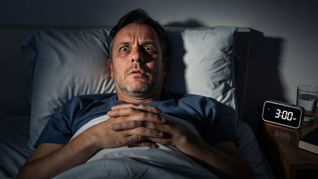 Wide awake man suffering from insomnia in bed at 3am. Mature male struggling to sleep from anxiety and stress. Sleep disorder concept.