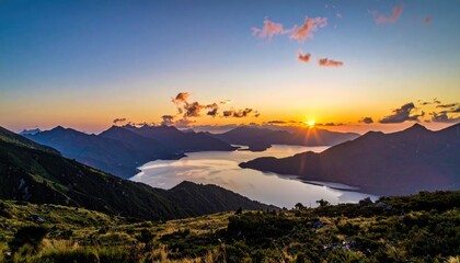 Mountains face sunlit lake at dusk
