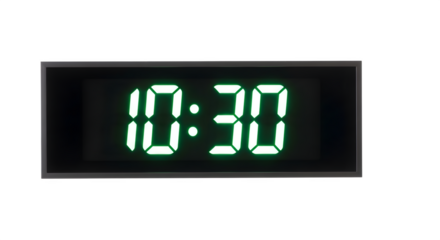 Digital clock displaying ten thirty isolated on transparent background for design projects