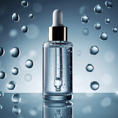 Hydrating cosmetic serum dropper bottle with refreshing water droplets suspended in a pristine blue light environment, highlighting purity and skin health