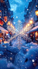 Snowy street with crystal snowflake