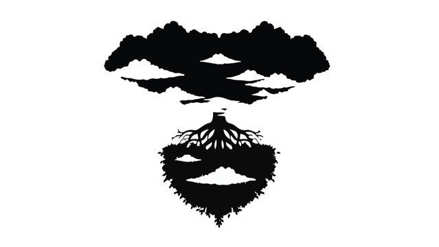 Mystical surreal landscape with roots and clouds forming a face