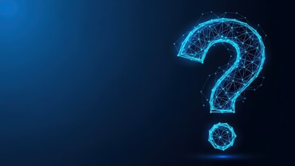 A glowing blue digital question mark formed from interconnected lines and dots on a dark background