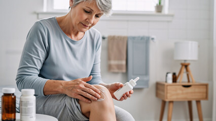 Woman applying cream on her knee. Senior woman uses topical ointment for joint pain or arthritis relief. Elderly healthcare and self-care.