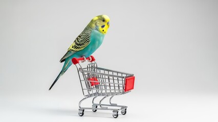 A bright parakeet perched atop a miniature shopping cart against a plain white studio background shot