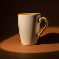 Minimalist Cream Ceramic Coffee Mug with Subtle Orange Rim, Dramatically Illuminated by a Warm Spotlight on a Rich Brown Surface, Evoking Calm and Cozy Moments