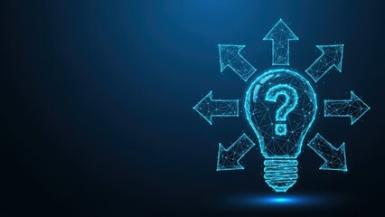 A glowing lightbulb with a question mark inside and arrows pointing in multiple directions symbolizing a difficult decision