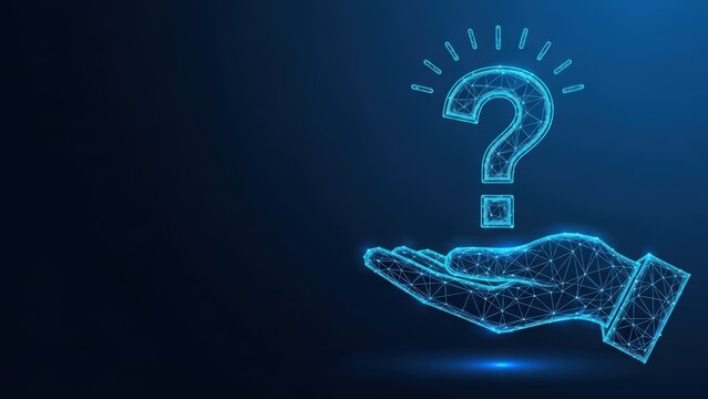 A glowing blue digital hand holds a bright question mark in a dark abstract background