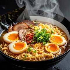 Steaming ramen bowl with egg and pork