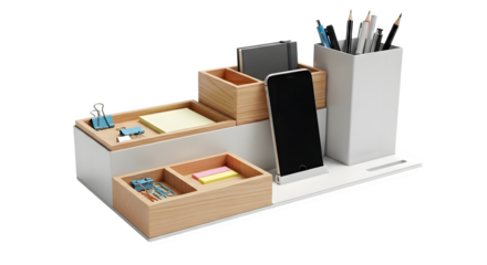 Desk organizer with wooden and white accents for office supplies isolated on transparent background