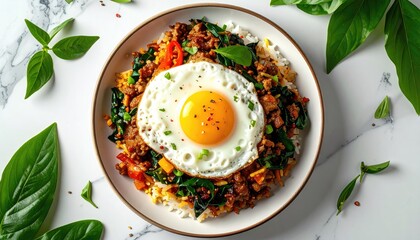Rice bowl with egg, meat, and greens